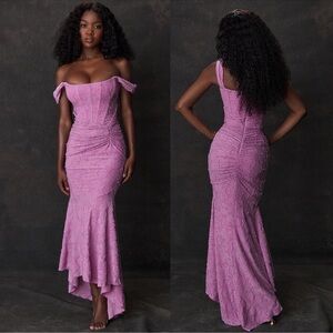 House of CB Lavender Lace Off-Shoulder Maxi Dress